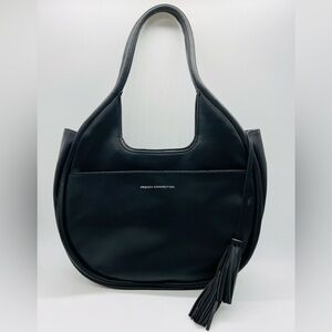 FRENCH CONNECTION BLACK SHOULDER BAG WITH TASSLE, TOP ZIPPER, PATCHWORK
